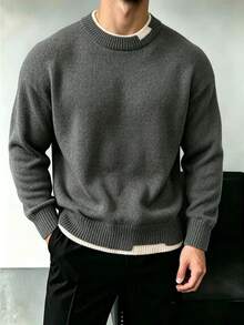 Men's Stylish 2 In 1 Crew Neck Long Sleeve Knit Sweater, Minimalist Versatile Layering Pullover, Spring/Autumn - Grey - View 1