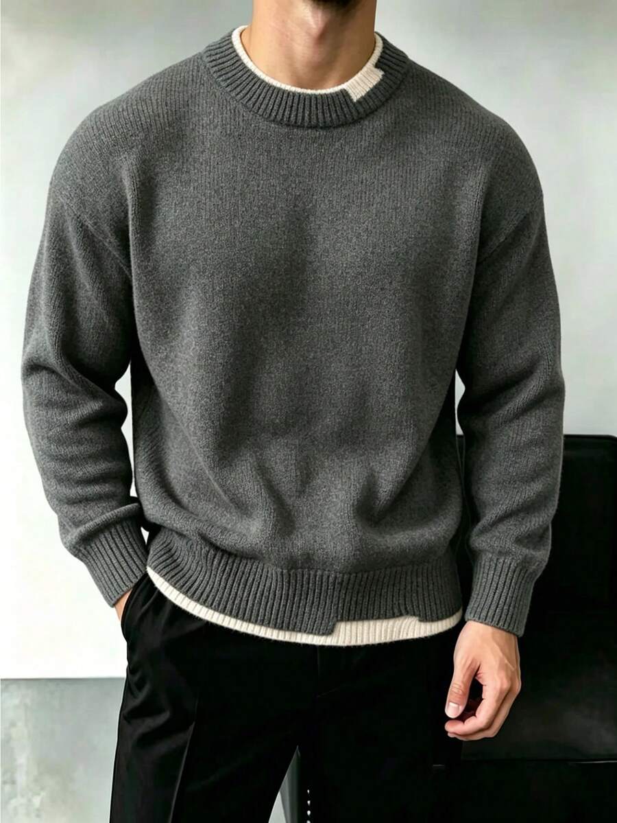 Men's Stylish 2 In 1 Crew Neck Long Sleeve Knit Sweater, Minimalist Versatile Layering Pullover, Spring/Autumn - Grey - View 1