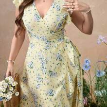 dagjydgfyja Roveilla Vestido de tejido con ajuste de cintura y vuelo, con mangas con volantes y estampado floral diminuto - Multicolor - Ver 1