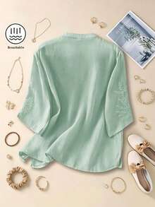 Women's Solid Color Embroidered Loose Casual Linen Top, Spring/Summer - Mint Green - View 2