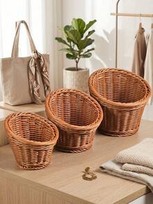 1pc/3pcs (S+M+L) Boho Faux Rattan Storage Basket Set, Durable Easy-Clean Woven Kitchen Organizer For Utensils, Tableware, Decor & Plants - Brown - View 4