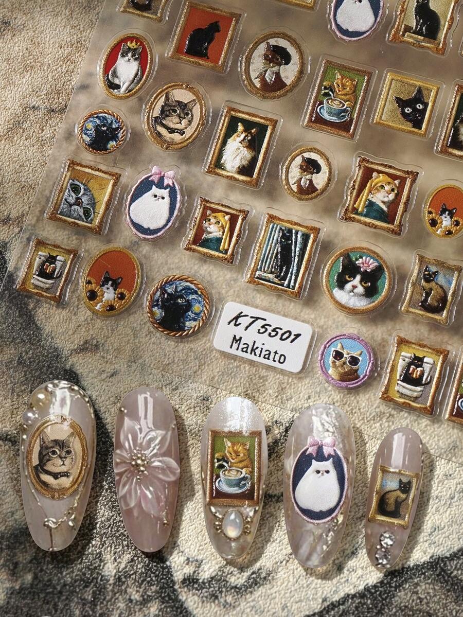 Beautizon Nailartlab Katzen-Nagelsticker im Ölgemälde-Stil, mehrere Katzenporträts mit Vintage-Rahmen, geprägte Textur, abriebfest, selbstklebend für einfache Anwendung, künstlerische Nagelkunst-Zubehör - Verschiedenfarbig - Übersicht 1
