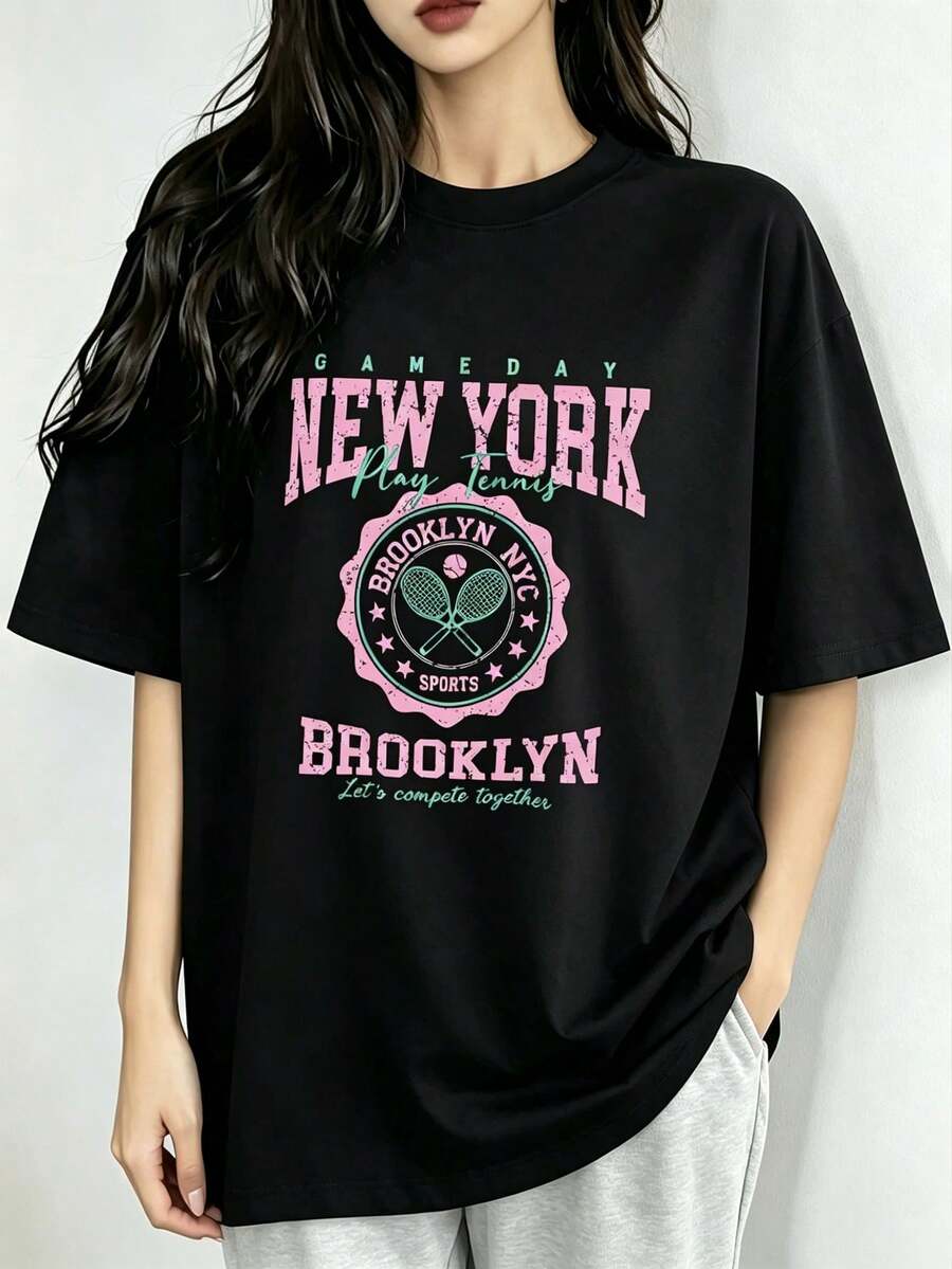 Fashionable Short-Sleeved T-Shirt For Ladies, Cute Little Bear Cool GIRL Letter Print Casual Loose-Fitting Women's 100% Pure Cotton Top, Women's Clothing - Black - View 1
