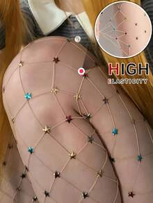 New Sexy Hot Girl Rhinestone Star Fishnet Tights, Korean Style Fishnet Leggings, Ins Style Base Layer Pants - Apricot - View 8