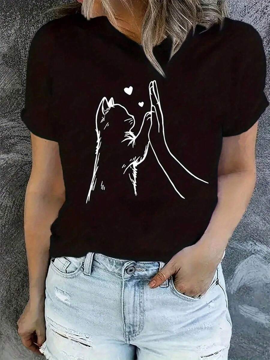 Fashionable Short-Sleeved T-Shirt For Ladies, Cute Little Bear Cool GIRL Letter Print Casual Loose-Fitting Women's 100% Pure Cotton Top, Women's Clothing - Black - View 1
