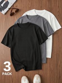 Áo thun nam mùa hè thời trang thường ngày phong cách tối giản dáng rộng cổ tròn tay ngắn, 3 cái/bộ - Nhiều màu - Xem 1