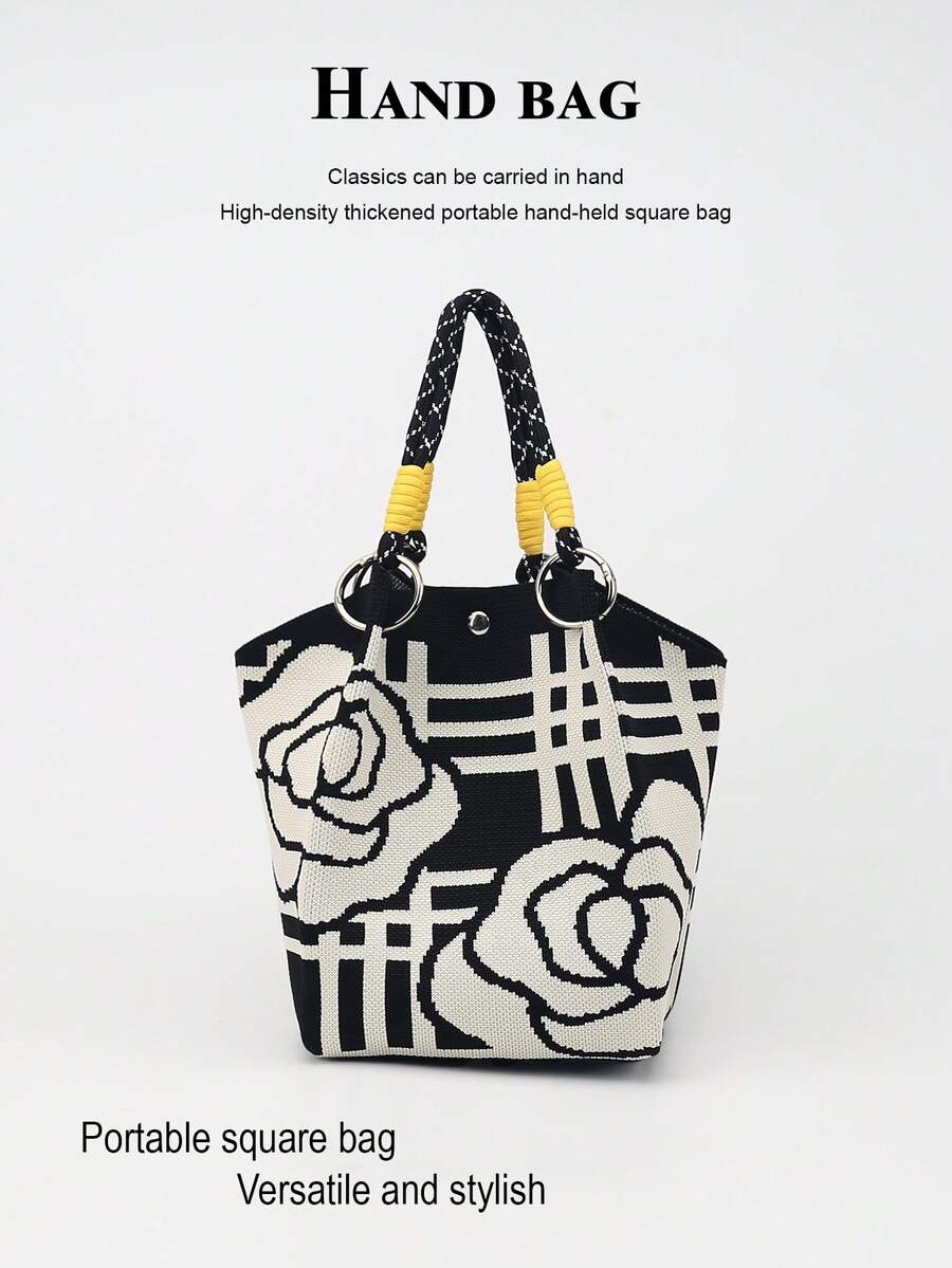 This Colorblock Casual Women's Handbag Features Black And White Woven Rope Handle Design, Perfect For Working Women, Teachers And Students - Black - View 1