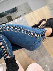 Eyelet Jeans Sexy Elegant Casual Denim Drawstring Ripped All - Blue - View 5