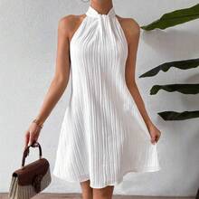 Vestido mini ajustado de unicolor con cuello anudado y plisado - Blanco - Ver 2
