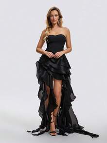 Women's Sexy Black Strapless Backless Layered Asymmetrical Ruffle Ribbon Party Evening Gown Wedding - Black - View 5