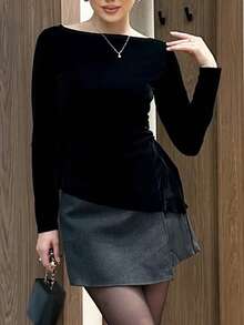 Women's Sexy Elegant Back Patchwork Sheer Lace Boat Neck Long Sleeve Velvet Top, Suitable For Daily Wear And Dating Black - Black - View 4