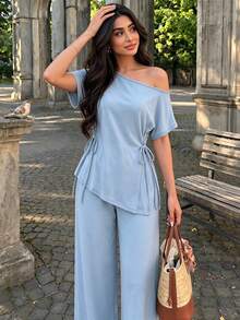 Women's Light Blue Short Sleeve Asymmetric Neckline Top And Pants 2 Pieces Set, Casual And Versatile Ideal Choice For All-Season Outings Summer - Blue - View 6