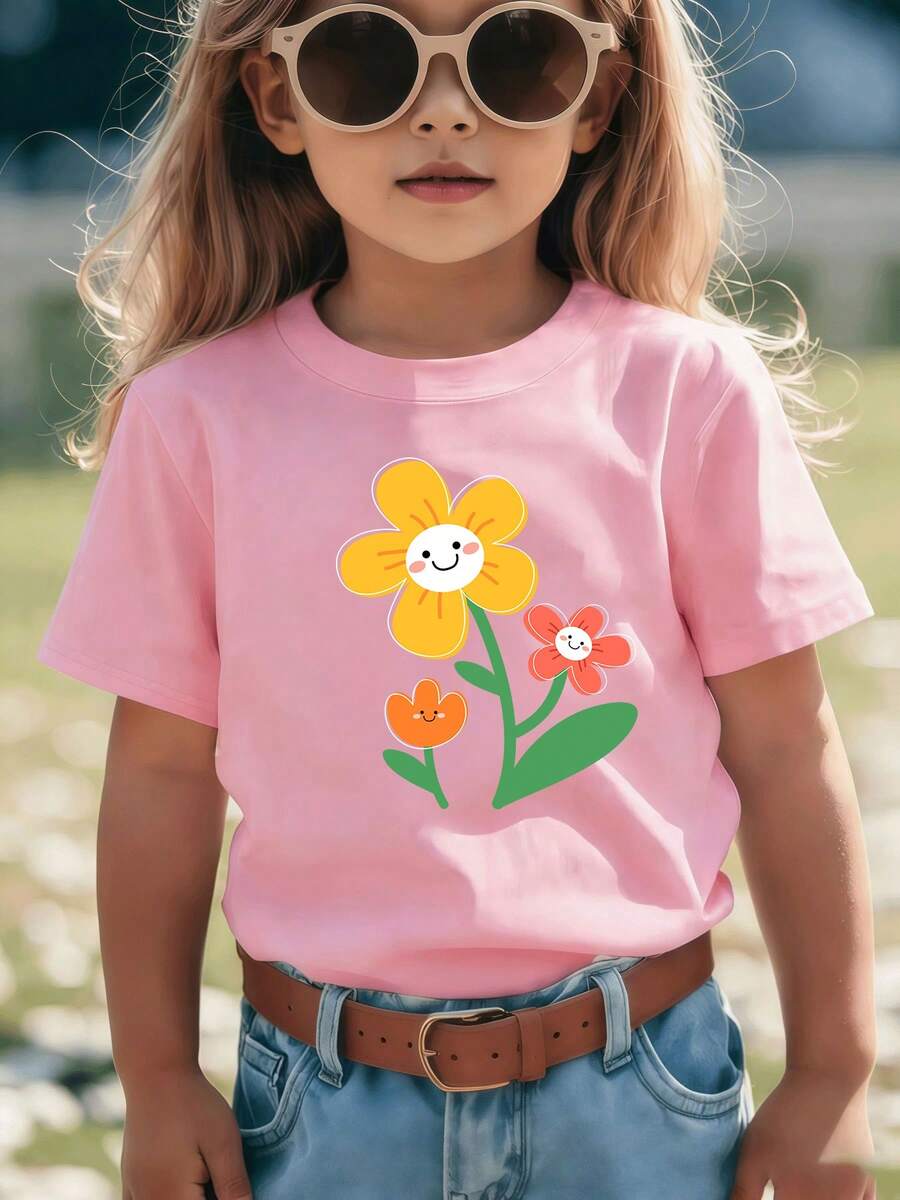 Top de manga corta sencillo, informal y bonito con estampado para niños, ideal para el verano. - Rosa - View 1
