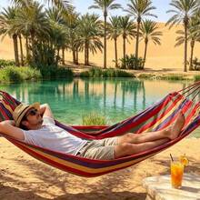1 Set Summer Portable Canvas Hammock Single Double Size, Heavy‑Duty Striped Hammock With Storage Bag For Beach Camping Backyard Garden Outdoor Use - Multicolor - View 6