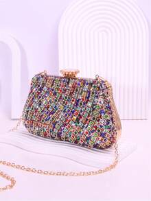 Diagonal Pleated Rhinestone Glitter Clutch Bag With Clasp, Luxurious And Elegant Evening Bag For Women, Suitable For Weddings, Parties, Birthdays And Gatherings - Multicolor - View 3