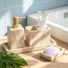 Faux Bark Texture Bathroom Wash Set, Faux Yellow Bark Texture Closer To Nature, Unique Pattern, Manual Soap Dispenser, Tumbler, Soap Dish, Tray, Toothbrush Holder - Yellow Bark Texture - View 2