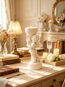 1/2PCS Vintage Angel Candle Holder Set, European Retro Resin Pillar Candle Stand, Romantic Table Centerpiece, Wedding Decor, Valentine's Day Gift, Home Living Room Bedroom Shelf Decoration - B - View 1