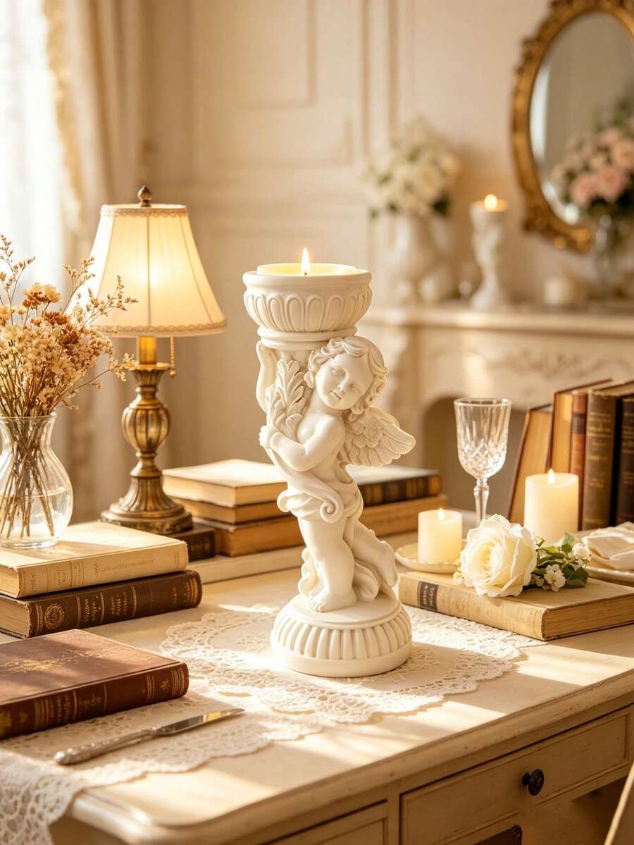 1/2PCS Vintage Angel Candle Holder Set, European Retro Resin Pillar Candle Stand, Romantic Table Centerpiece, Wedding Decor, Valentine's Day Gift, Home Living Room Bedroom Shelf Decoration - B - View 1