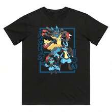 Pokémons Riolu Evolution Printed Pure Cotton T-Shirt For Men And Women Spring_Summer New Collection F - Negro - Ver 1