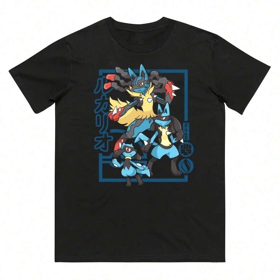Pokémons Riolu Evolution Printed Pure Cotton T-Shirt For Men And Women Spring_Summer New Collection F - Negro - Ver 1