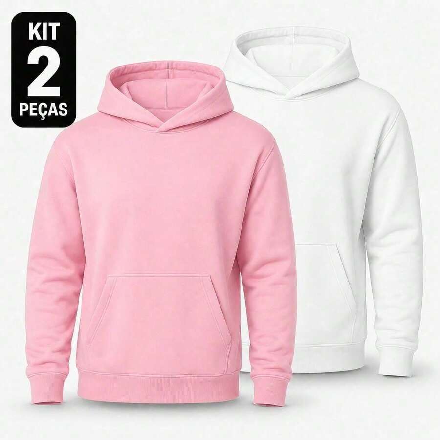 Set Of 2 Plain Kangaroo Jackets, Unisex, Comfortable Basic Winter Warmth - White + Pink - View 1