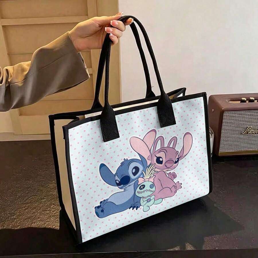 Miniso Disney Lilo & Stitch Stitch, Angel & Scrump Polka Dot Tote Bag, Canvas Bag With Pink Trim, Large Capacity Handbag For Commuting, School, Travel And Shopping - Black - View 1