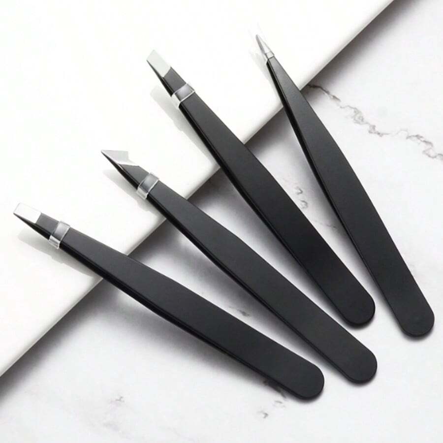 Stainless Steel Black Eyebrow Tweezers, Slanted Tip Hair Removal Tweezers, High Precision Pink Eyebrow Grooming Tool Set - Multicolor - View 1