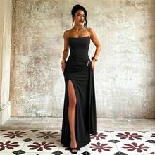 Vestido de fiesta elegante de verano para mujer, diseño sexy con abertura en la cintura y tirantes, vestido de playa, adecuado para bodas, cenas y vacaciones - Negro - Ver 2