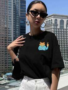 Vintage Frog Peace Sign Print T-Shirt, Front Back Graphic, Round Neck Short Sleeve, Comfortable Breathable Casual Top, Spring - 黑色 - 查看 3