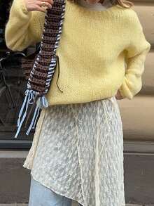 Women's Cream Yellow Crew Neck Long Sleeve Sweater, Autumn/Winter - Yellow - View 6