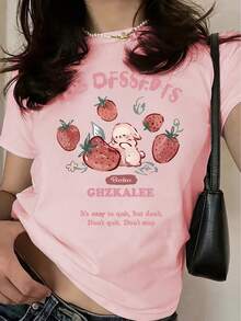 T-Shirt Colorata Con Scritte, Fragole E Coniglietti, Perfetta Da Indossare Tutti I Giorni In Primavera Ed Estate, Pensata Per Le Donne, T-Shirt Retrò Dalla Vestibilità Comoda. - 後退 - 查看 7