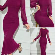 xuehuamaoyi02  Vestido de mujer de unicolor, cuello en V, manga larga, plisado, ajuste slim - Morado - Ver 2