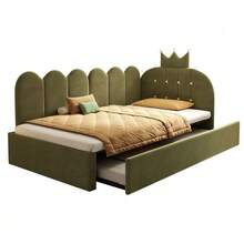 Divano letto 90x200 cm con letto estraibile, letto singolo per ospiti 90x190 cm, a forma di L, velluto, beige, design a griglia con corona, grazioso design a corona e griglia, camera per gli ospiti, senza materasso - Verde - Visualizzare 4