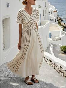 2026 Women's Loose-Fitting Simple Versatile Striped Printed Dress - 黑白條紋 - 查看 6