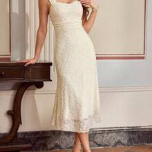 yonghongmaoyi1  Vestido ajustado con estampado floral vintage, tirantes ajustables, cintura entallada, longitud hasta la rodilla, fondo color albaricoque con flores rosas - Albaricoque - Ver 11
