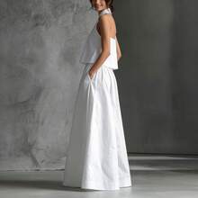 Women's Minimalist Elegant 2-Piece Halter Neck Top & High Waist Wide Leg Pants Set - 白色 - 查看 5