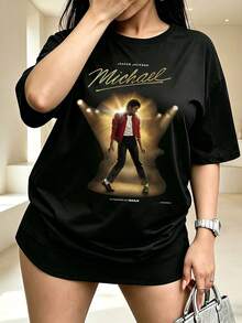 2026 HypeHer Bestseller 2026, Women's Summer T-Shirt With Jackson Print, Casual Holiday Style, Loose, Multifunctional Crew Neck T-Shirt In Black With Short Sleeves, A Fashionable - 後退 - 查看 1