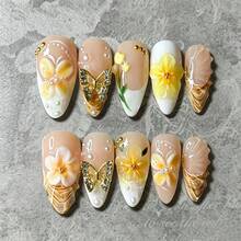 10片法式穿戴式假指甲，中號杏仁形長尖甲，3D漸層花卉裝飾，水波紋貝殼與鋼珠設計，海洋清新風，表面光滑，全覆蓋式，適合女性與女孩 - 彩色 - 查看 8