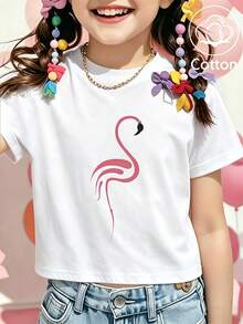 Flamingo Print T-Shirt, 6-12 Years Tween Girl, Casual Daily Vacation Travel Beach - White - View 2
