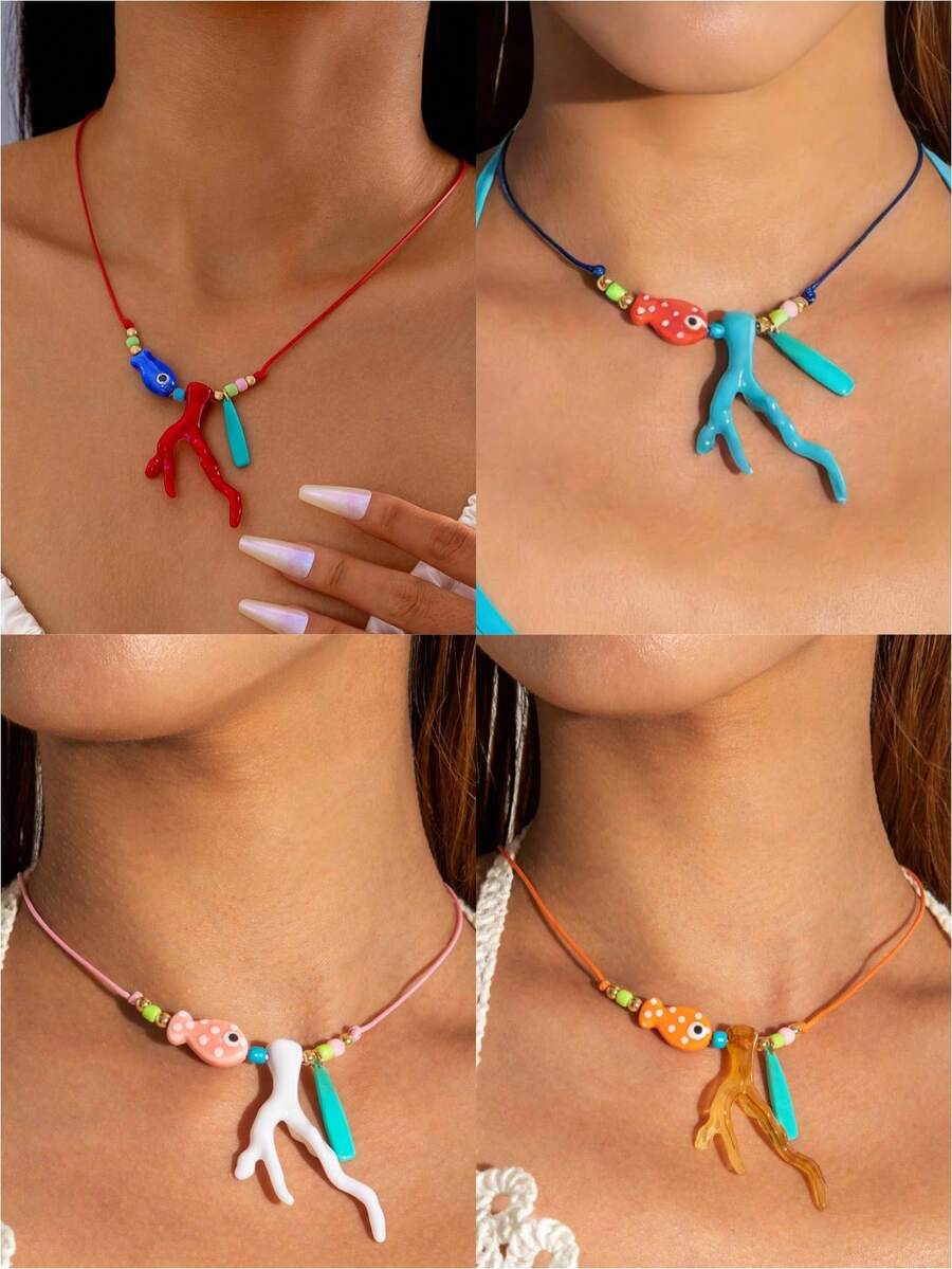 imoli 1 pieza/Serie Oceánica Y2K Estilo Vacacional Collar de Una Sola Capa con Peces y Coral de Manchas Coloridas, Cadena de Cuerda Ajustable de Verano para Mujeres, Adecuado para Fiestas en la Playa, Reuniones con Amigos, Regalo de Joyería