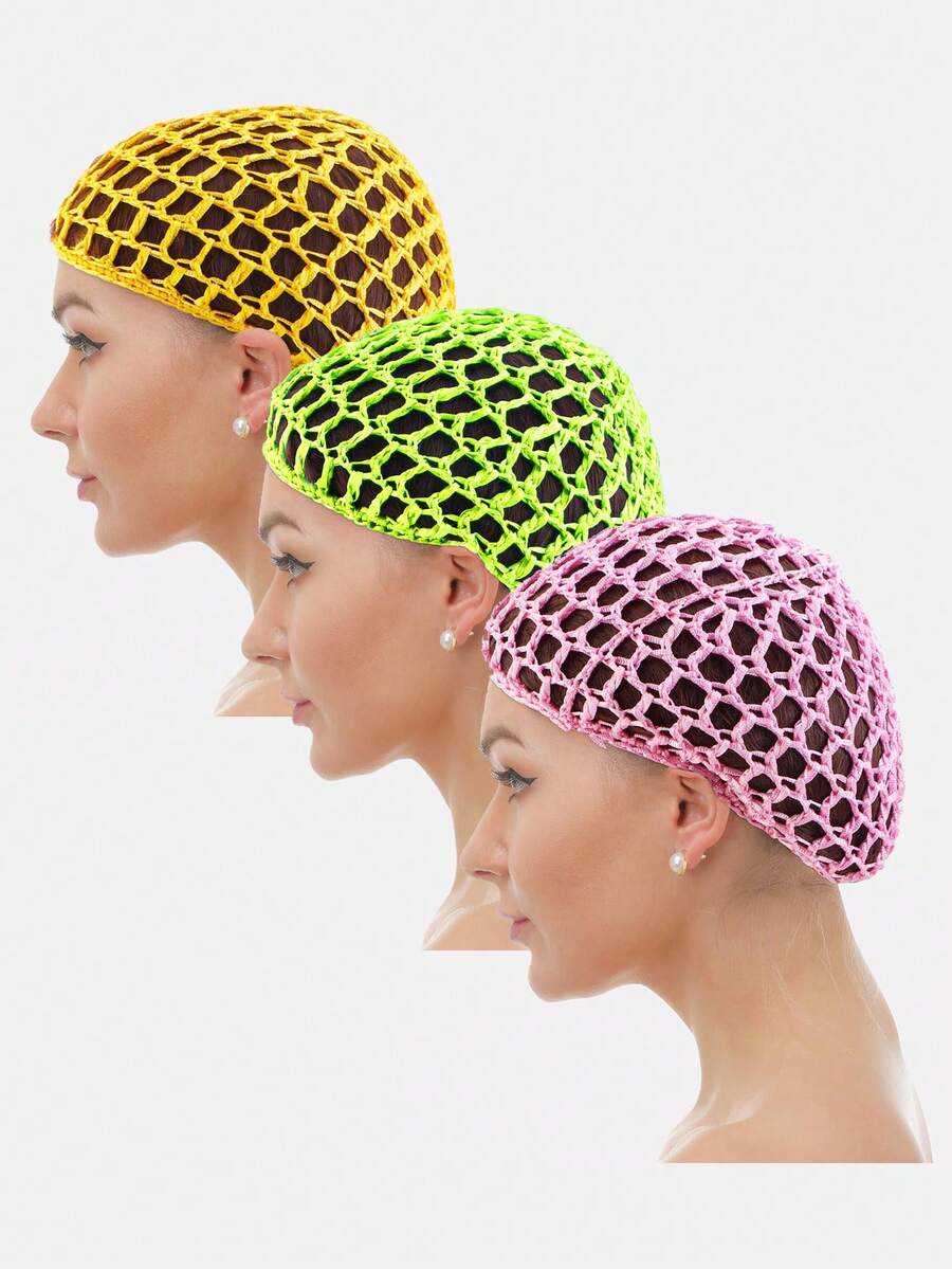 3pcs Women's Hair Net Cap Under Cap Handmade Crochet Mesh Cap Hair Protection Net Cap Suitable For Daily Use - Turmeric/Pink/Fluorescent Green - View 1