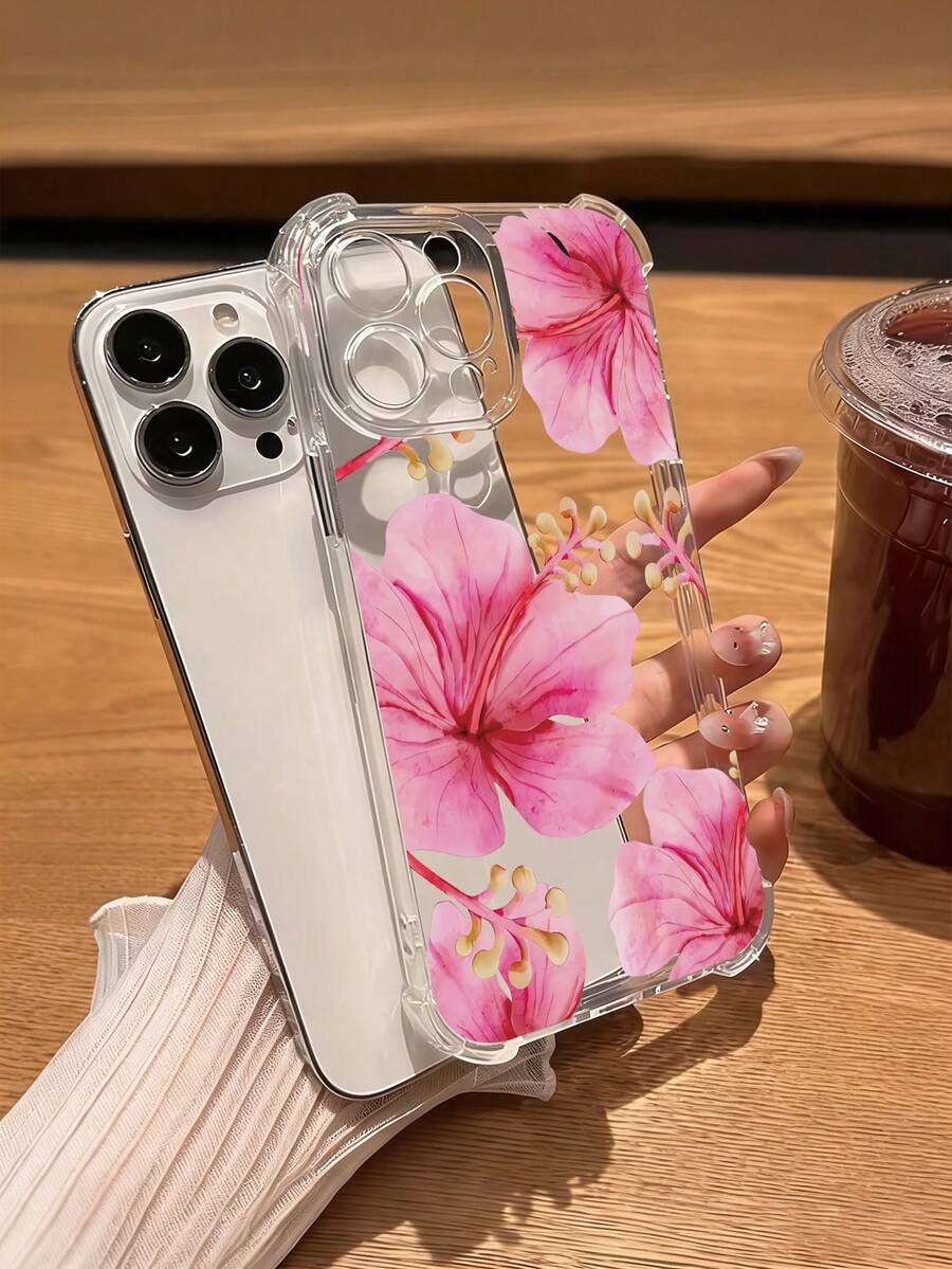 1pc Fashionable Pink Floral Print Phone Case, Soft TPU Shockproof Full Protection Cover Compatible With IPhone 17, 17 Pro, 17 Pro Max, 16 Pro Max, 16/15/14/13/12/11 Pro Max, Spring Anniversary Gift - Clear - View 1