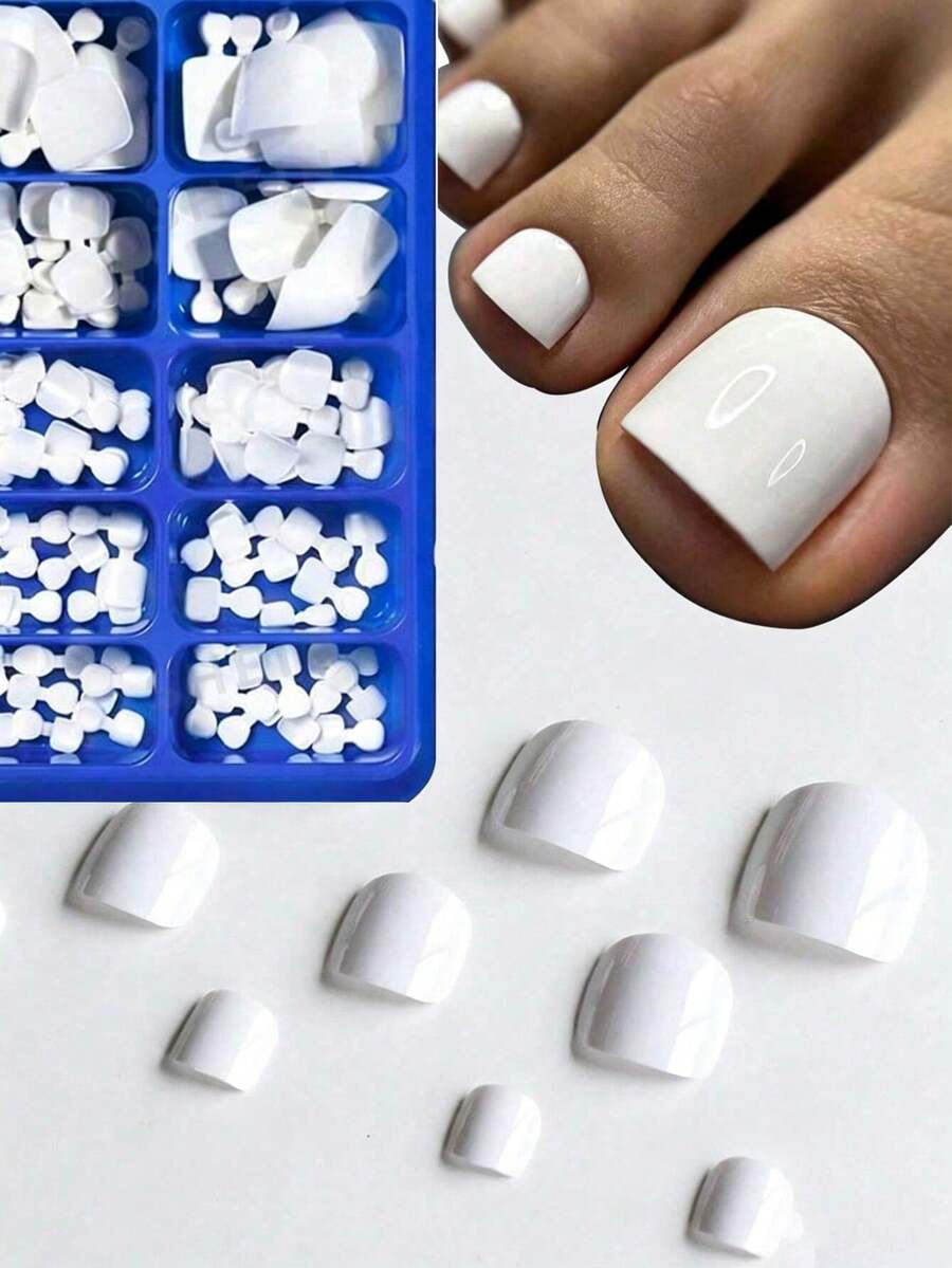 100片亮面假腳趾甲，12種尺寸/盒，白色穿戴式指甲，全覆蓋短方型假腳趾甲，人造足部美甲，適合女性與女孩