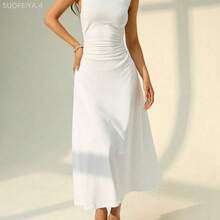 Fengyu Women's Clothing Store PETITE Vestido largo de línea A con cuello mao sin mangas y fruncido, nuevo para el Día de San Valentín. Elegante y romántico para citas y trabajo, vestidos de verano para mujeres - Marrón - Ver 6