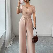 xuehuamaoyi02  Mono elegante de mujer de pata ancha con cuello redondo, manga larga, cintura retorcida y decoración de cuentas de madera en color caqui para uso diario - Caqui - Ver 7