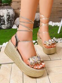 Women's Fashion Gold Handmade Beaded Floral Rhinestone Ankle Strap Platform Sandals - Open Toe Summer Casual Thick Heel Sandals - Gold Ribbon - View 2