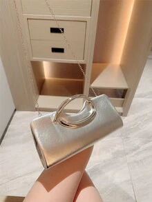 1件歐美時尚金屬裝飾迷你方盒手拿包，高端亮面金屬條手柄女款手提包，優雅奢華晚宴包，適合派對/浪漫婚禮/舞會/雞尾酒會/校園舞會，PU皮革配金屬鍊條 - 銀色 - 查看 10