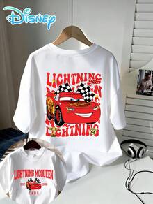Disney "Racing Cars" Themed T-Shirt, Lightning McQueen Motif T-Shirt, Fashionable Streetwear Outfit, Durable Cotton Short-Sleeved T-Shirt For Men, Comfortable And Breathable, Retro Racing Car Print, Everyday Wear, Ideal For Relaxed Outfits And Streetwear, Summer Wear, Gift For Men - 白色 - 查看 2