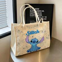 Miniso Disney Stitch Main Character With Sketch Background Canvas Tote Bag, "Stitch" Text Print Shoulder Handbag, Large Capacity Casual Daily Bag For School Shopping Travel - Black - View 3