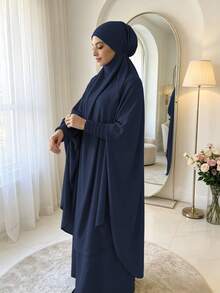 紋理縮褶彈性袖口 Khimar Abaya 兩件套，寬鬆大袖端莊 長洋裝，穆斯林女性休閒伊斯蘭禮拜服飾 - 彩色 - 查看 16